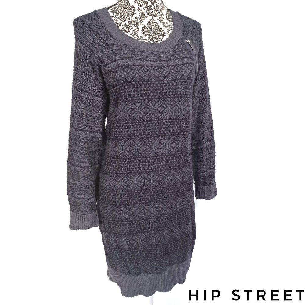 DKNY LS Relaxed Fit Folk Print Zipper Accent Sweater Dress XL